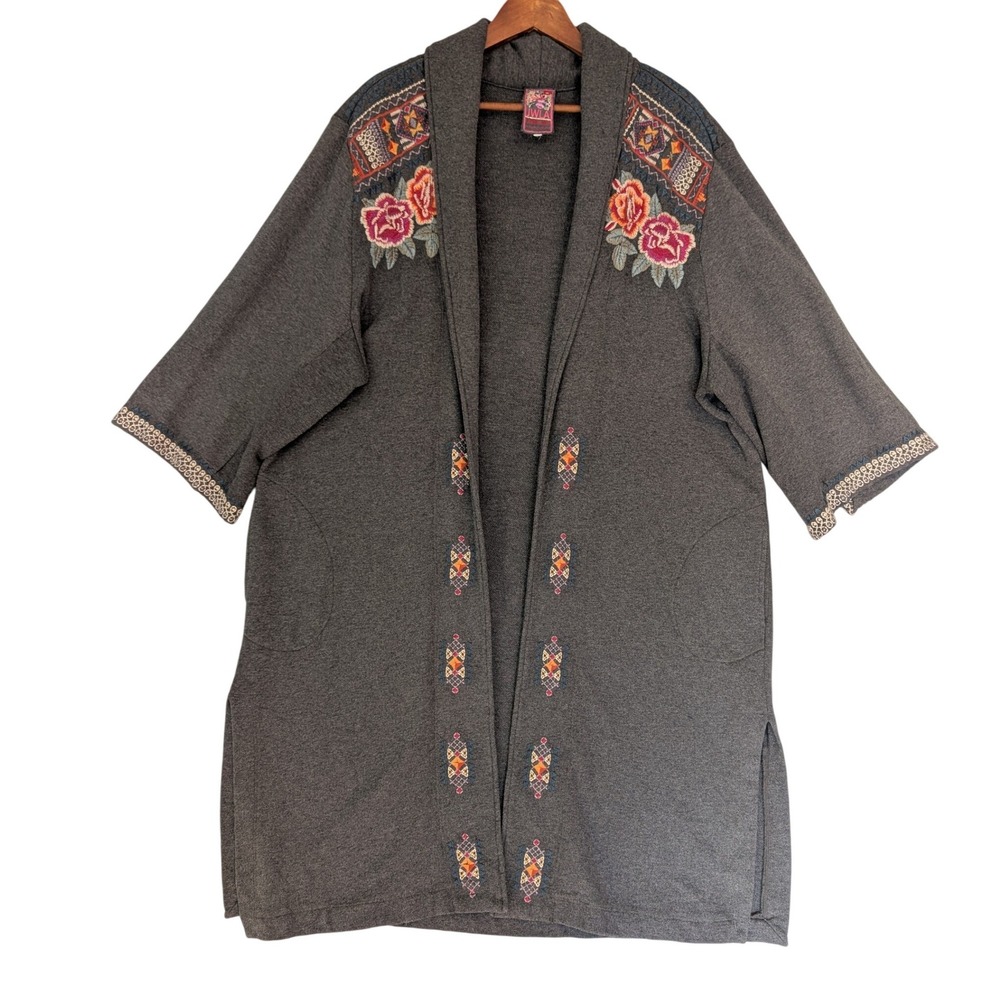JWLA Johnny Was Grey Embroidered‎ Cotton Duster Cardigan XL Boho Floral Native